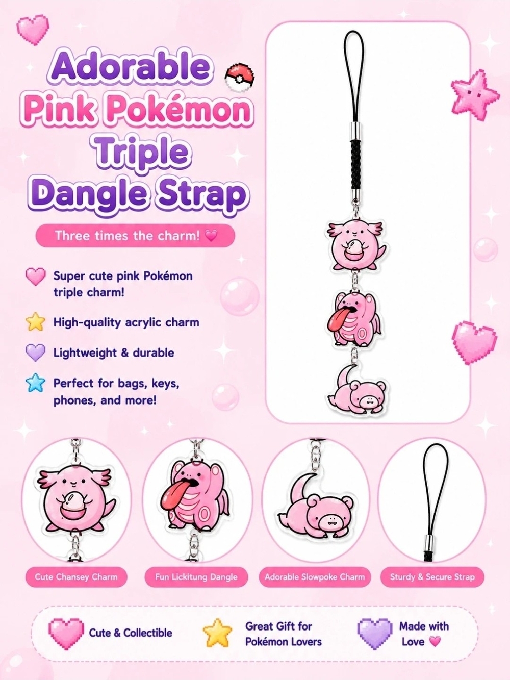 Pink Pokémon Triple Dangle Strap Charm - Chansey Lickitung Slowpoke